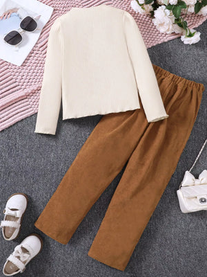 Children's Ruffle Trim Ribbed Top & Corduroy Pants Set - Farnelli
