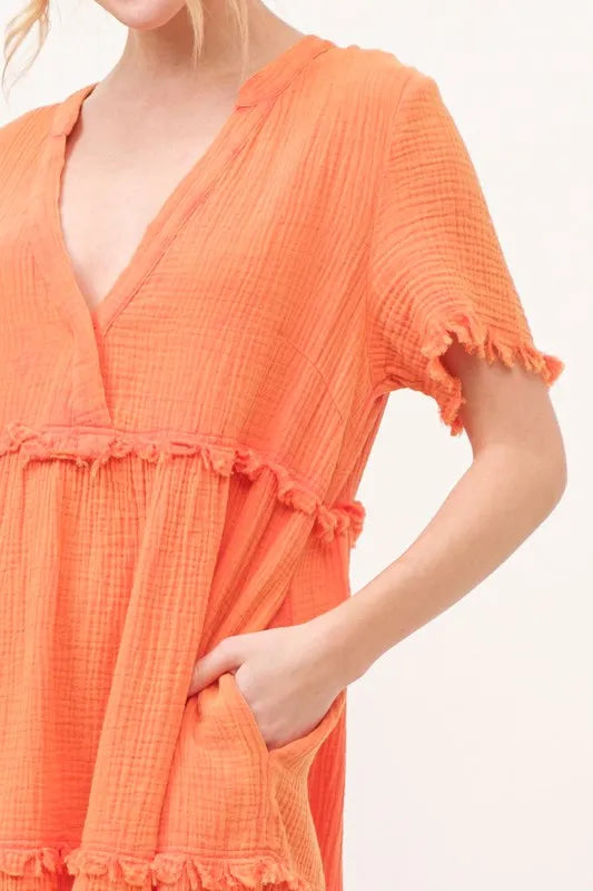 And The Why Washed Frayed Detail Tiered Dress - Farnelli