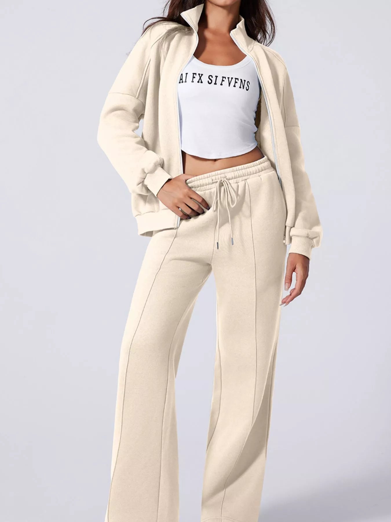 Drop Shoulder Zip Up Jacket and Drawstring Pants Active 2pcs Set - Farnelli