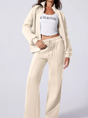 Drop Shoulder Zip Up Jacket and Drawstring Pants Active 2pcs Set - Farnelli