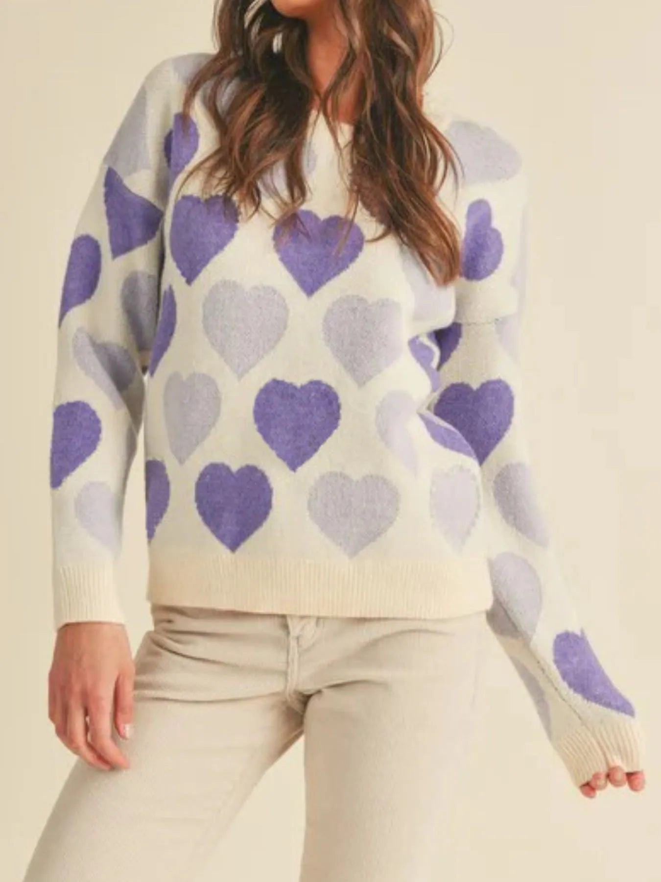 Heart Ribbed Hem Long Sleeve Sweater - Farnelli