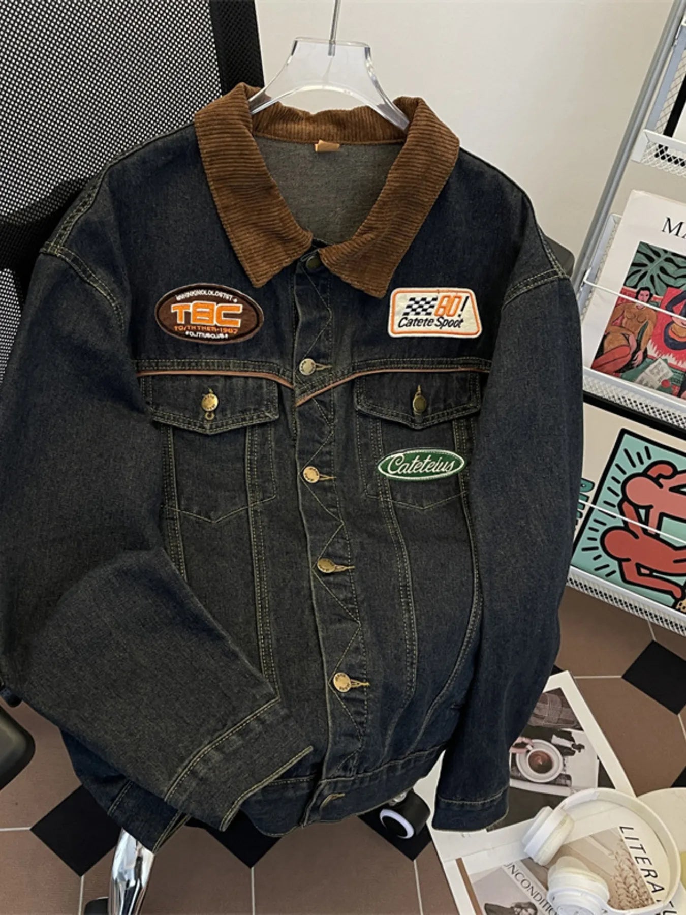 Men's Plus Size Corduroy Collar Button Up Denim Jacket - Farnelli