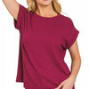 Zenana Cotton Modal Slub Rolled Sleeve T-Shirt - CABERNET