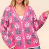 Haptics Full Size Floral Jacquard V-Neck Button Up Cardigan - Hot Pink