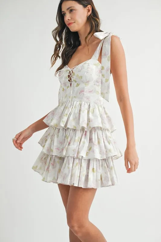 MABLE Floral Print Shoulder Tie Layered Mini Dress - Farnelli
