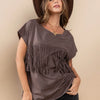 Ces Femme Fringe Detail Round Neck Short Sleeve Top - CHARCOAL