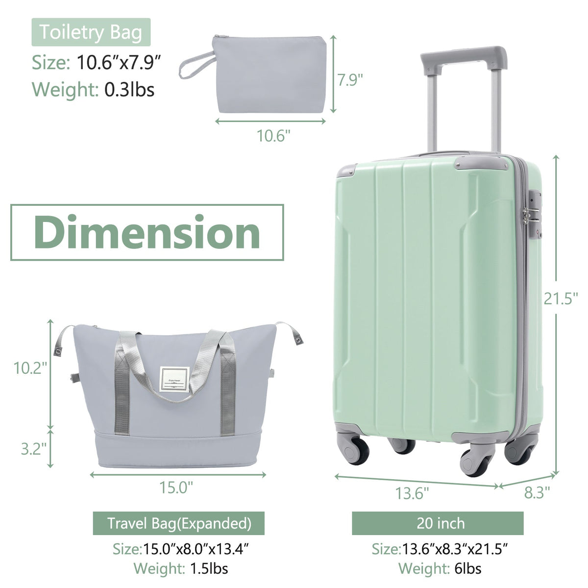 HouseOfZazla 20-inch hard case carry-on luggage set with spinner wheels, 3-piece design