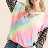 BiBi Tie Dye Terry Top with Leopard Puff Sleeves - PASTEL TIE DYE