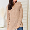 Double Take Notched Neck Ribbed Long Sleeve T-Shirt - Khaki