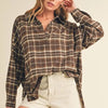 Aemi + Co Side Slit High-Low Plaid Long Sleeve Polo Shirt - Coffee Brown