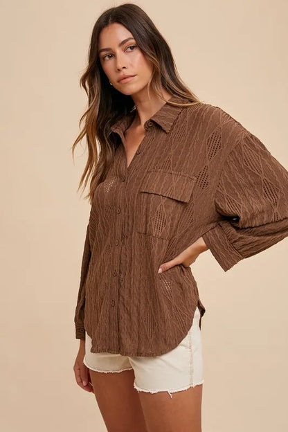 Annie Wear Openwork Button Down Drop Shoulder Shirt - Farnelli
