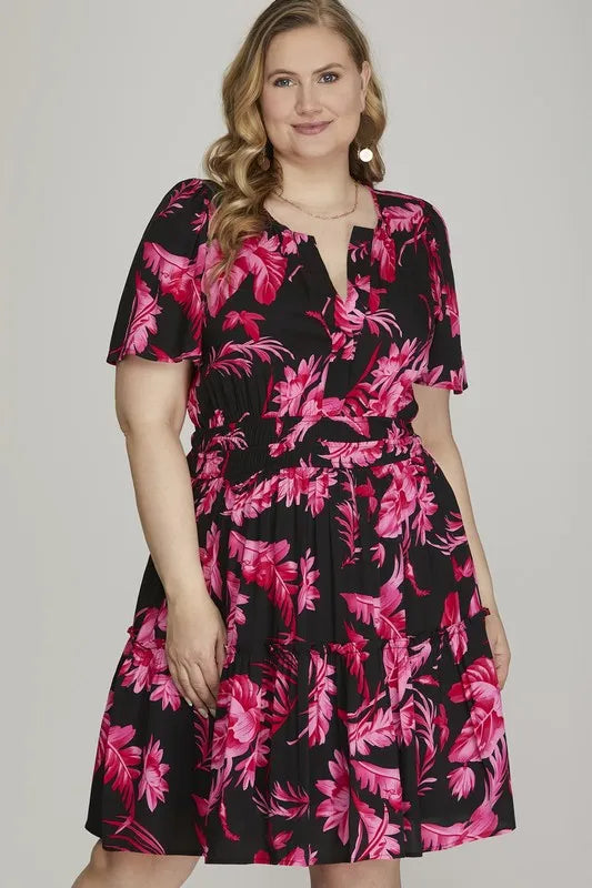 She + Sky Full Size Printed Notched Short Sleeve Frill Tiered Dress Plus Size - Farnelli