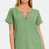 Zenana Waffle Notched Short Sleeve T-Shirt - DK GREEN