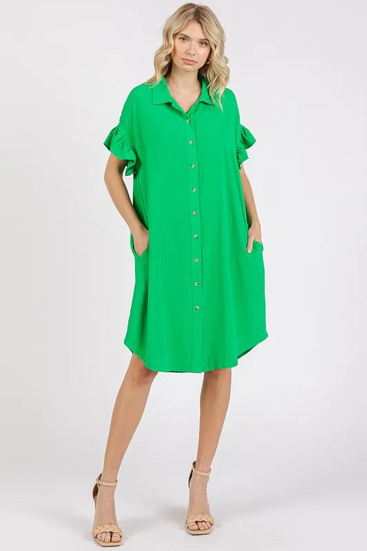 Mittoshop Button Down Flounce Sleeve Dress with Pockets - Farnelli