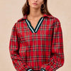 BiBi Christmas Plaid Collared Top with Ruffled Detail - RED