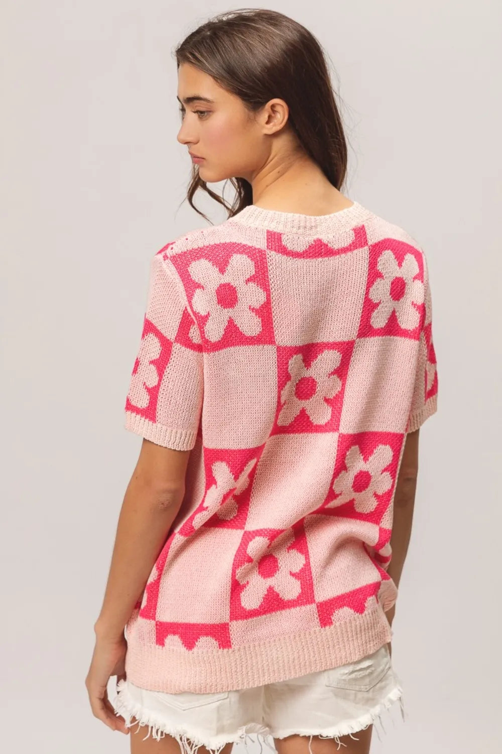BiBi Flower Checker Pattern Short Sleeve Sweater - Farnelli