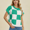 Double Take Full Size Checkered Round Neck Short Sleeve Sweater - Turquoise