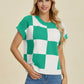 Double Take Full Size Checkered Round Neck Short Sleeve Sweater - Farnelli