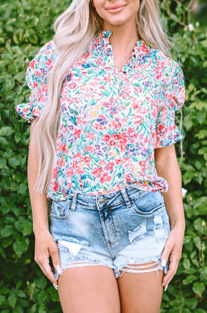 Azaria Floral Print Button Split Neck Puff Sleeve Blouse - Farnelli