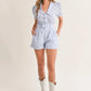 MABLE Striped Puff Sleeve Collared Neck Romper - Farnelli