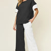 Double Take Full Size Texture Contrast T-Shirt and Wide Leg Pants Set - White