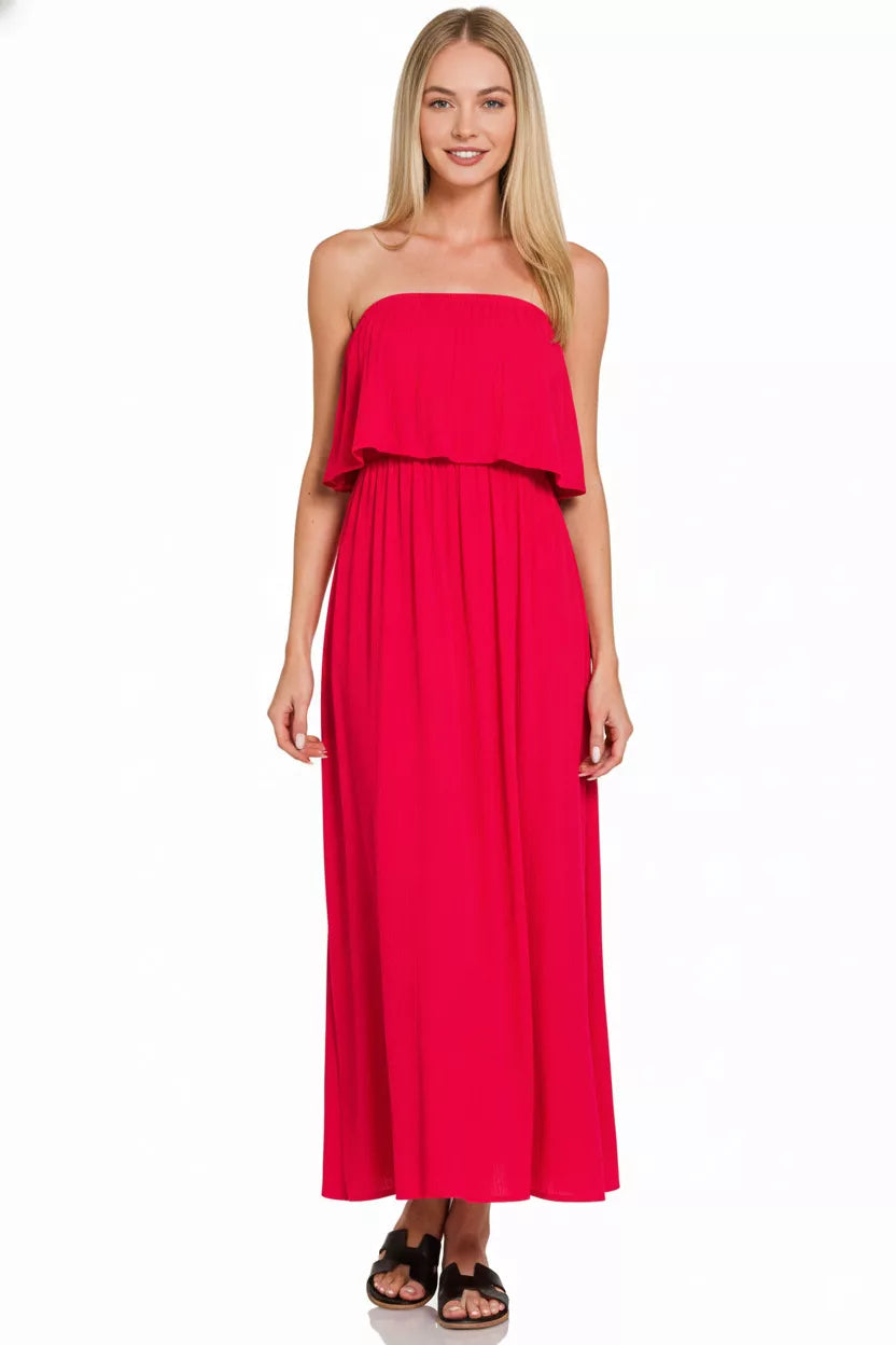 Zenana Woven Crinkle Strapless Maxi Dress - Farnelli