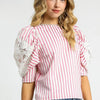 Umgee Striped Lace Puff Sleeve Blouse - Pink