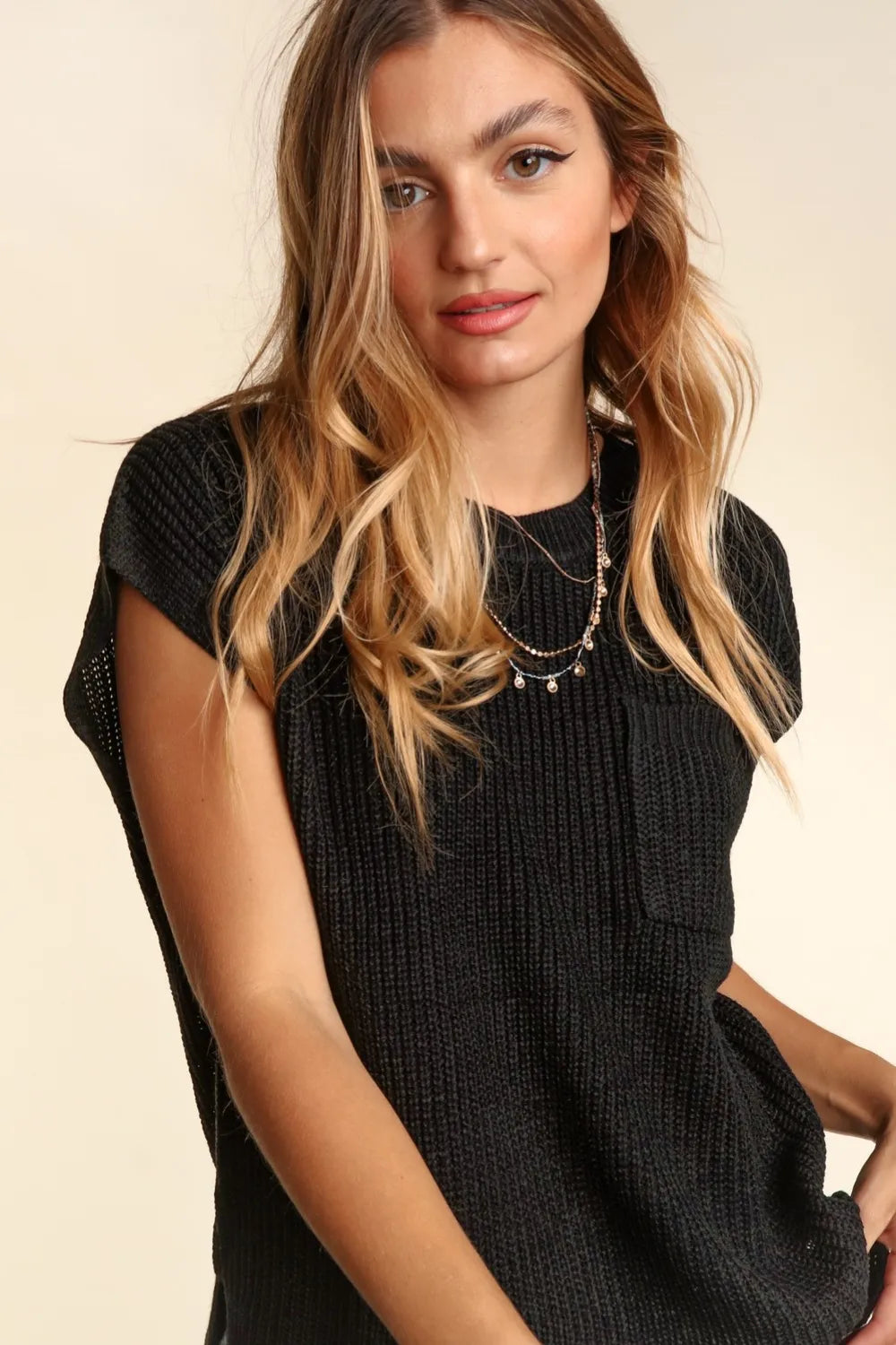 Haptics Pocketed Round Neck Cap Sleeve Knit Top - Farnelli