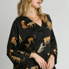 Umgee Full Size High-Low Satin Animal Print V-Neck Blouse Plus Size - Black