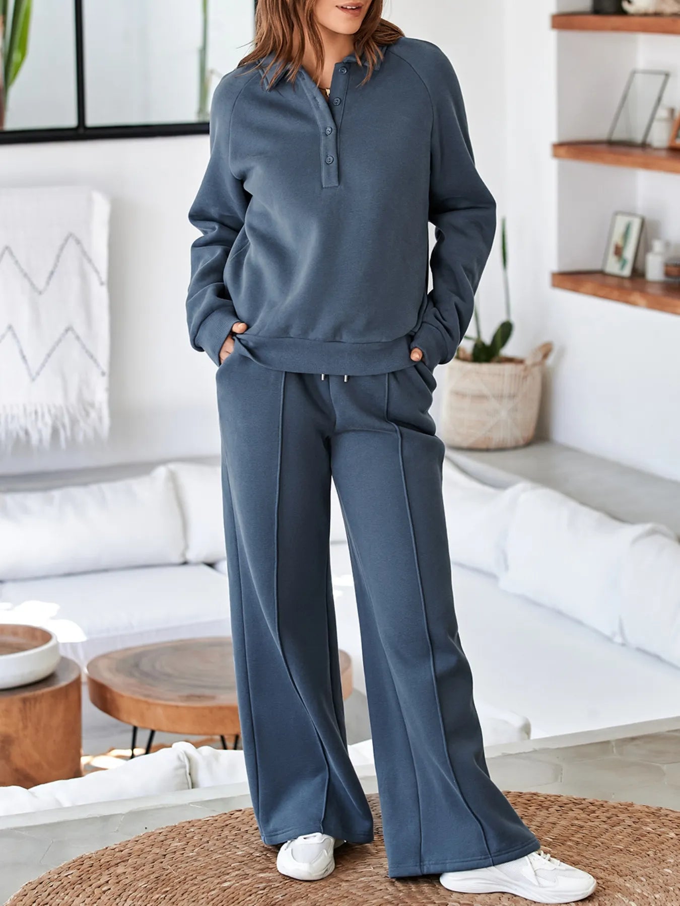 Collared Sweatshirt and High Waist Pants Active Set - Farnelli