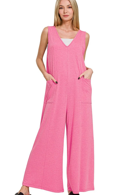 Zenana French Terry Deep V Neck Jumpsuits - Farnelli