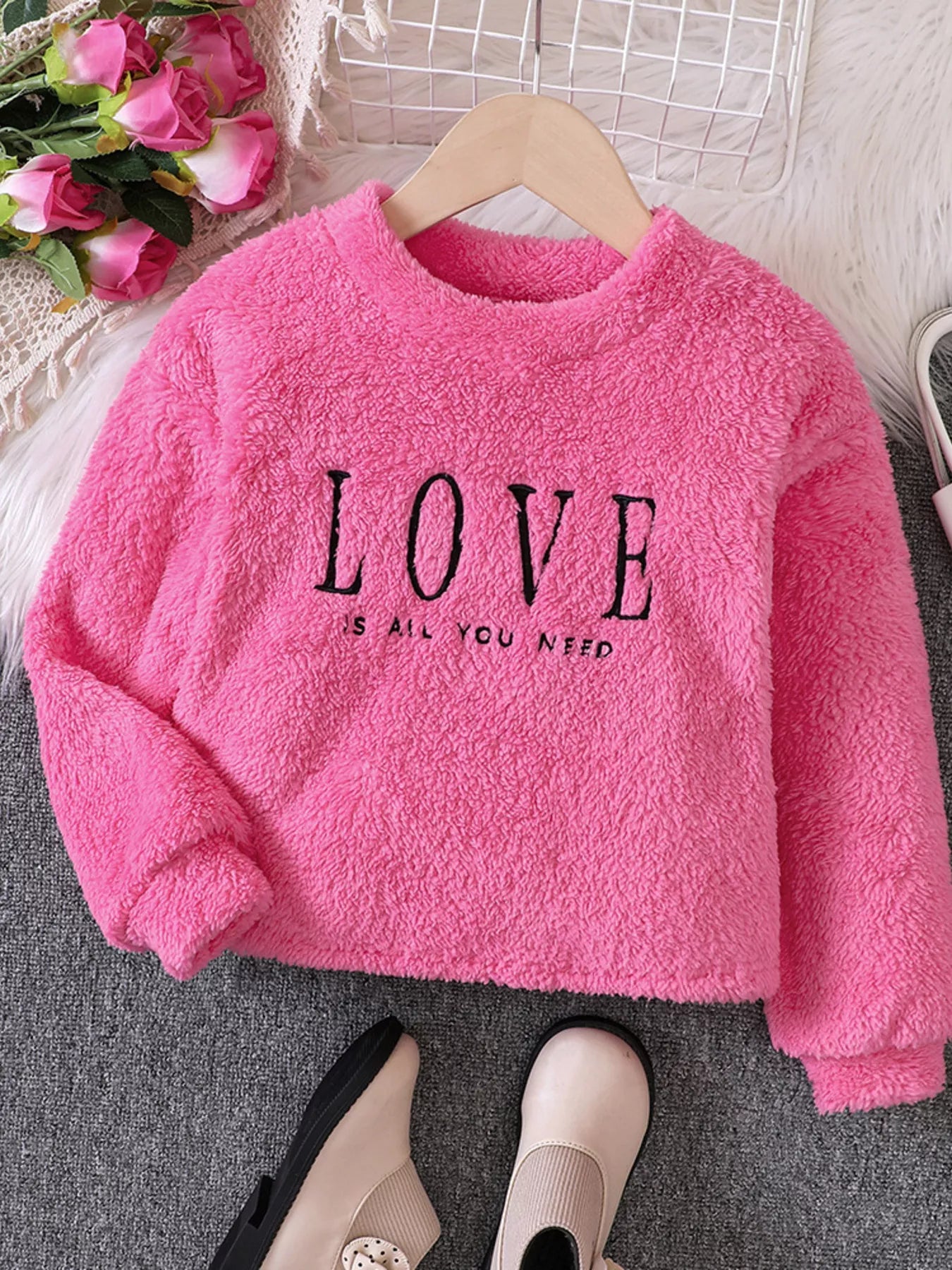 Children's Love Round Neck Fuzzy Sweatshirt - Farnelli
