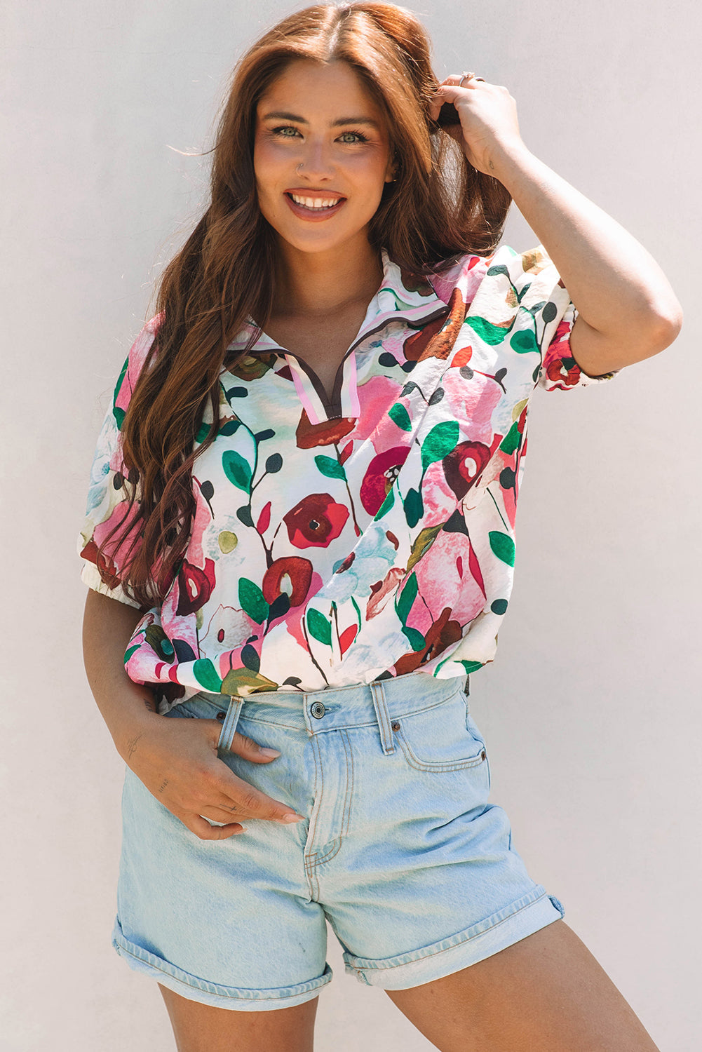 Adele Floral Slit V Neck Blouse - Farnelli