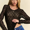 Davi & Dani Bow Mesh Round Neck Long Sleeve Top - Black