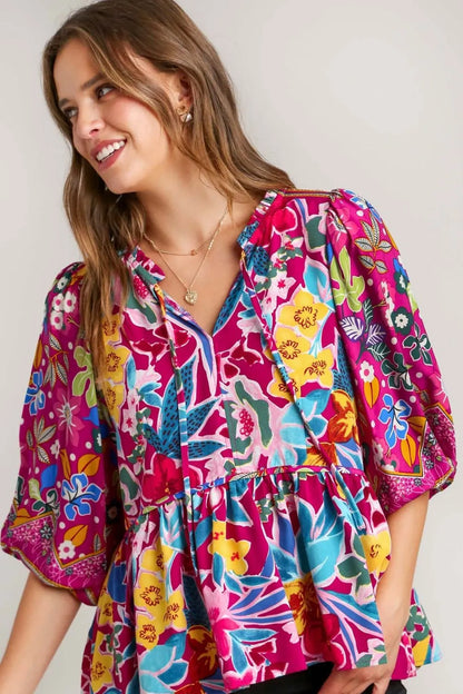 Umgee Full Size Floral Print Tie Neck Peplum Blouse Plus Size - Farnelli