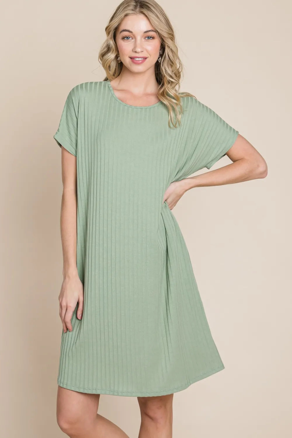 BOMBOM Ribbed Round Neck Short Sleeve Dress - Farnelli