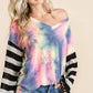 BiBi Tie Dye V Neck Top with Stripe Puff Sleeves - Farnelli