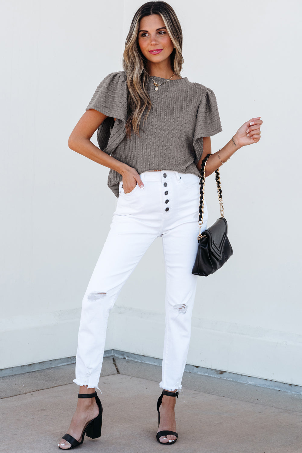 Brynn Textured Flutter Sleeve Top - Farnelli