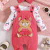 Children's Floral Bodysuit and Bear Overalls Set with Headband - Pink