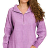 Zenana Ribbed Two Tone Half Zip Sweater - B VIOLET/LAVENDER