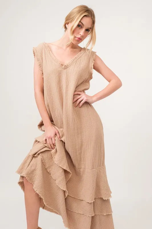 And The Why Washed Cotton Gauze Fringe Detail Tiered Dress - Farnelli
