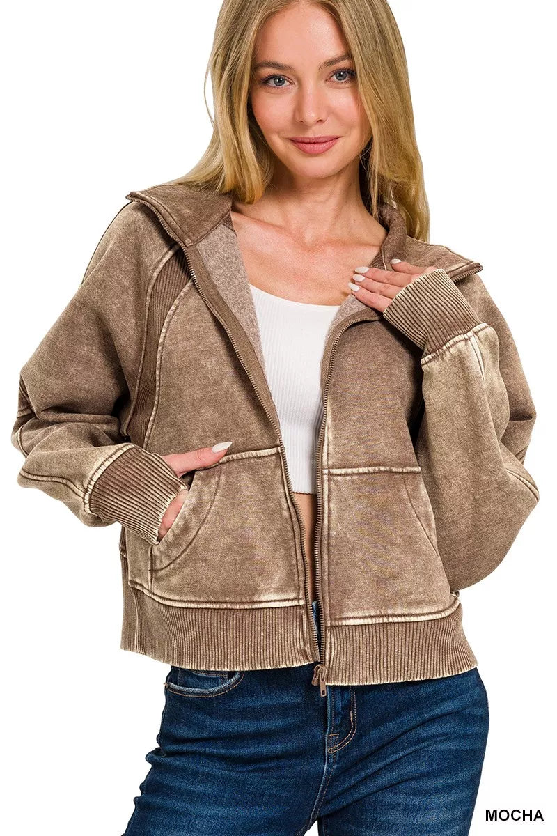 Zenana Acid Wash Zip Up Fleece Jacket - Farnelli