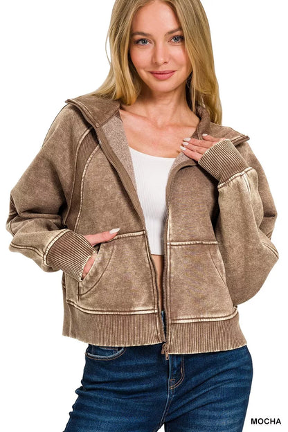 Zenana Acid Wash Zip Up Fleece Jacket - Farnelli