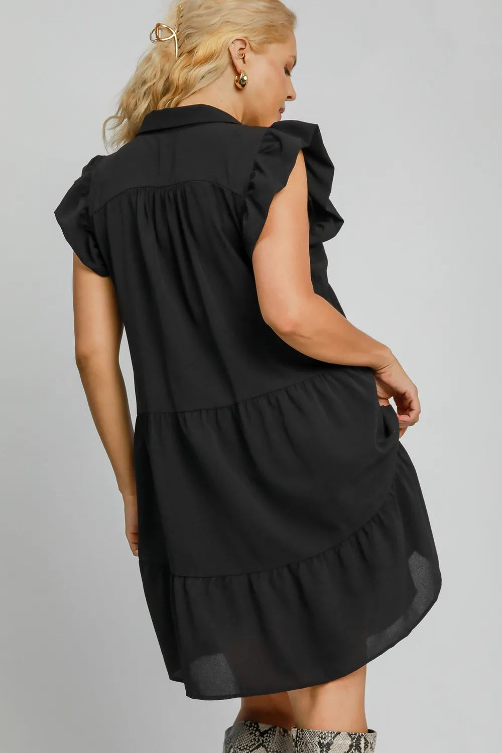 Umgee Full Size Johnny Collar Ruffle Cap Sleeve Tiered Dress Plus Size - Farnelli