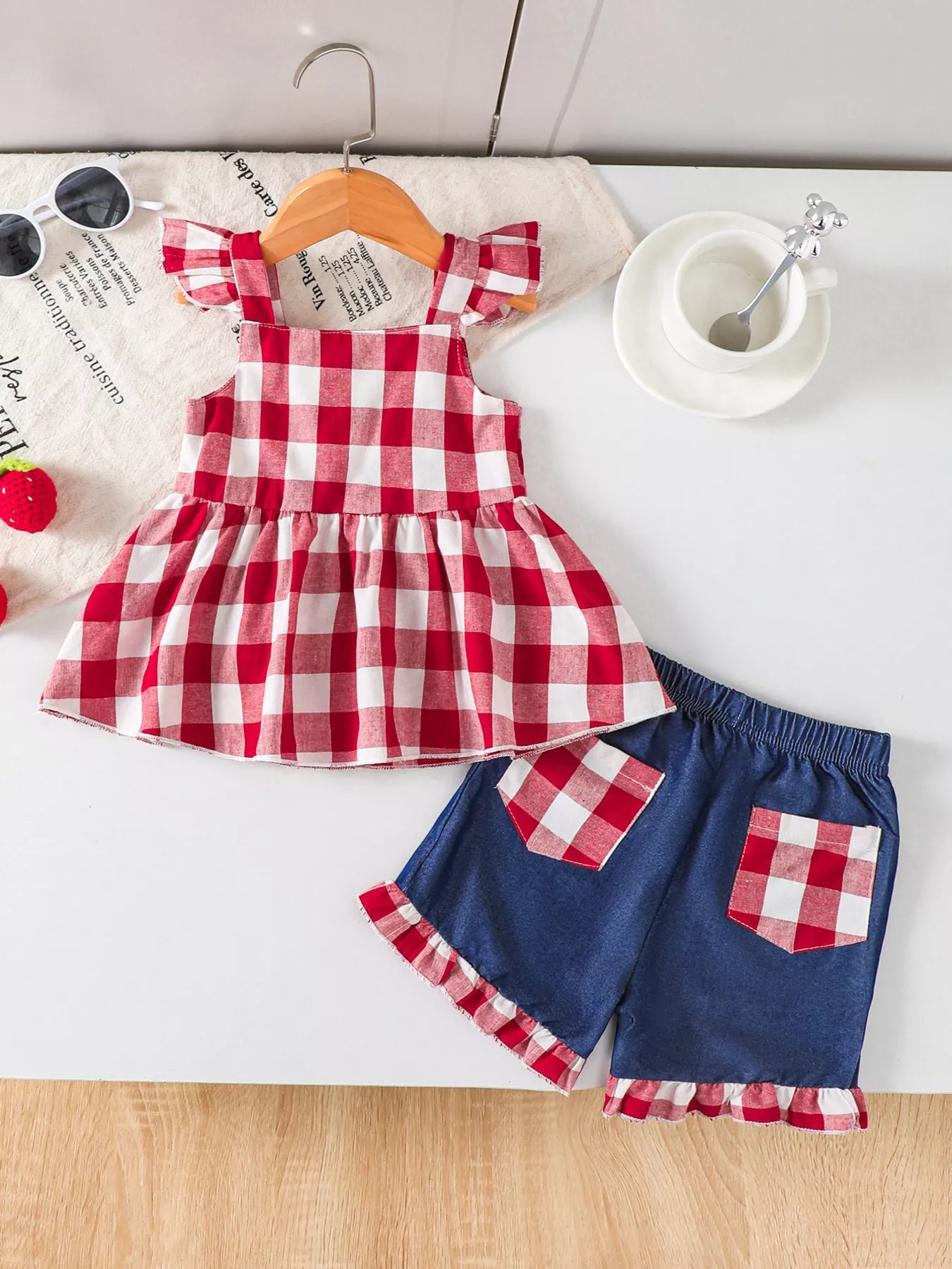 Children's Gingham Bowknot Ruffle Trim Top and Shorts Set - Farnelli