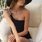 BiBi Rayon Span Knit One Shoulder Top with Leopard Ribbon - Farnelli