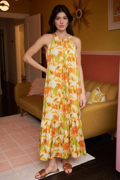 Mittoshop Watercolor Print Halter Neck Satin Maxi Dress - Farnelli