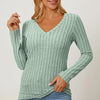 Basic Bae Full Size Ribbed V-Neck Long Sleeve T-Shirt - Light Green