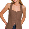 Zenana Linen Tie-back 4-button Vest with Lining - BROWN