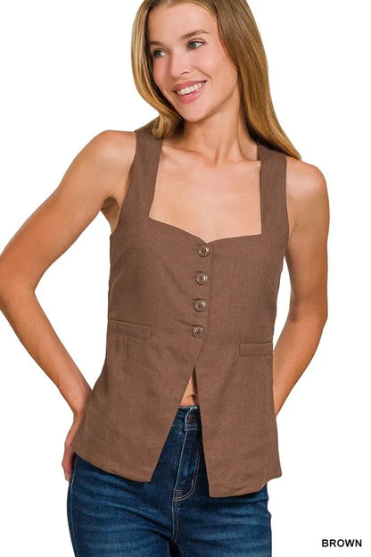 Zenana Linen Tie-back 4-button Vest with Lining - Farnelli